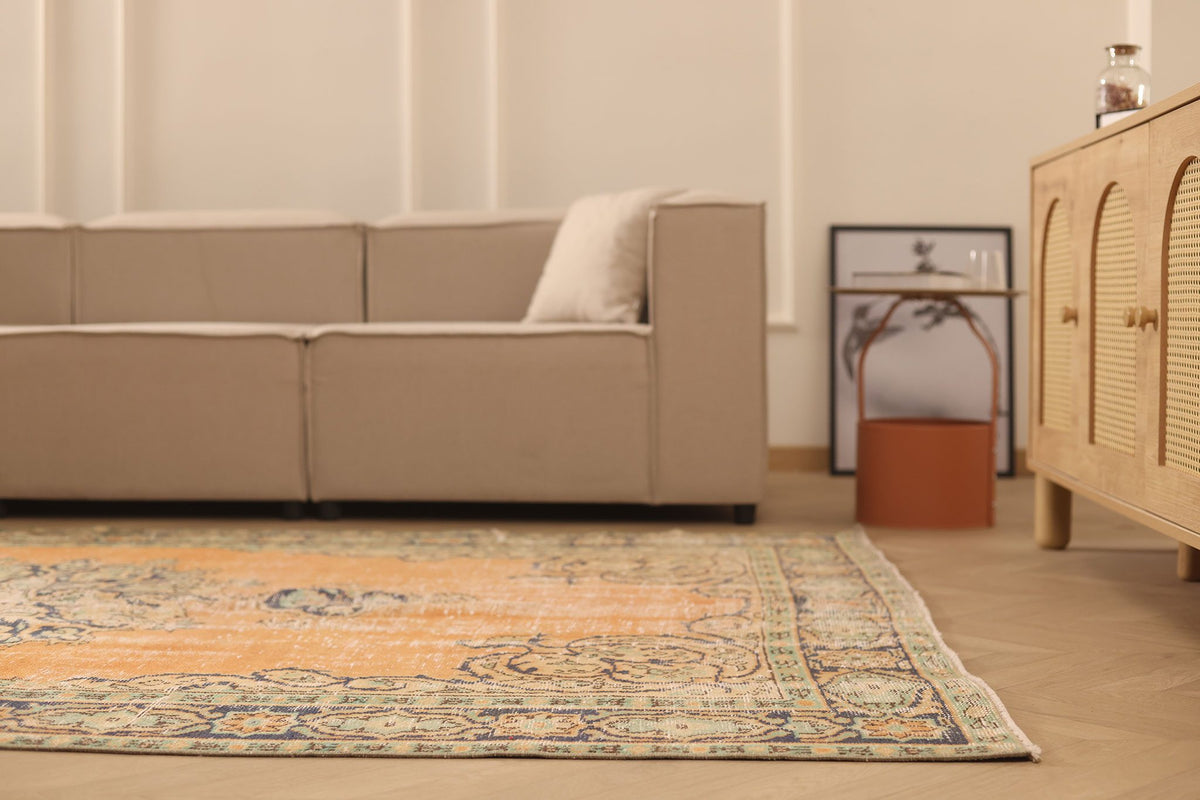 Vintage Manisa Turkish Area Rug 6x10 ft — Orange & Green Floral