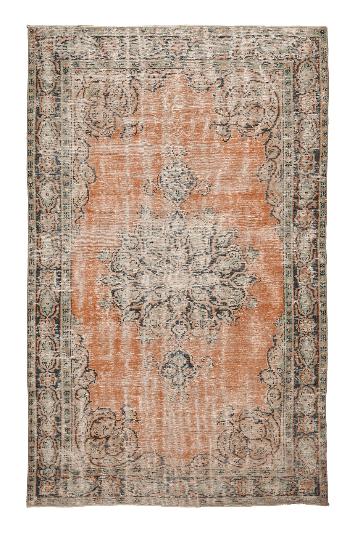 Vintage Manisa Turkish Area Rug 6x10 ft — Orange & Green Floral