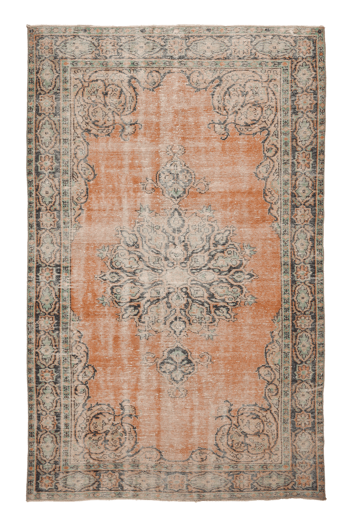 Vintage Manisa Turkish Area Rug 6x10 ft — Orange & Green Floral