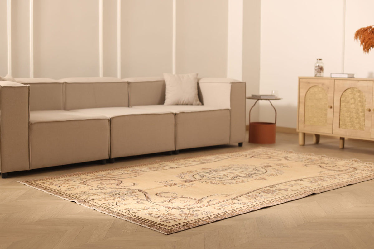 Vintage Isparta Turkish Area Rug 6x9 ft — Beige & Brown Floral
