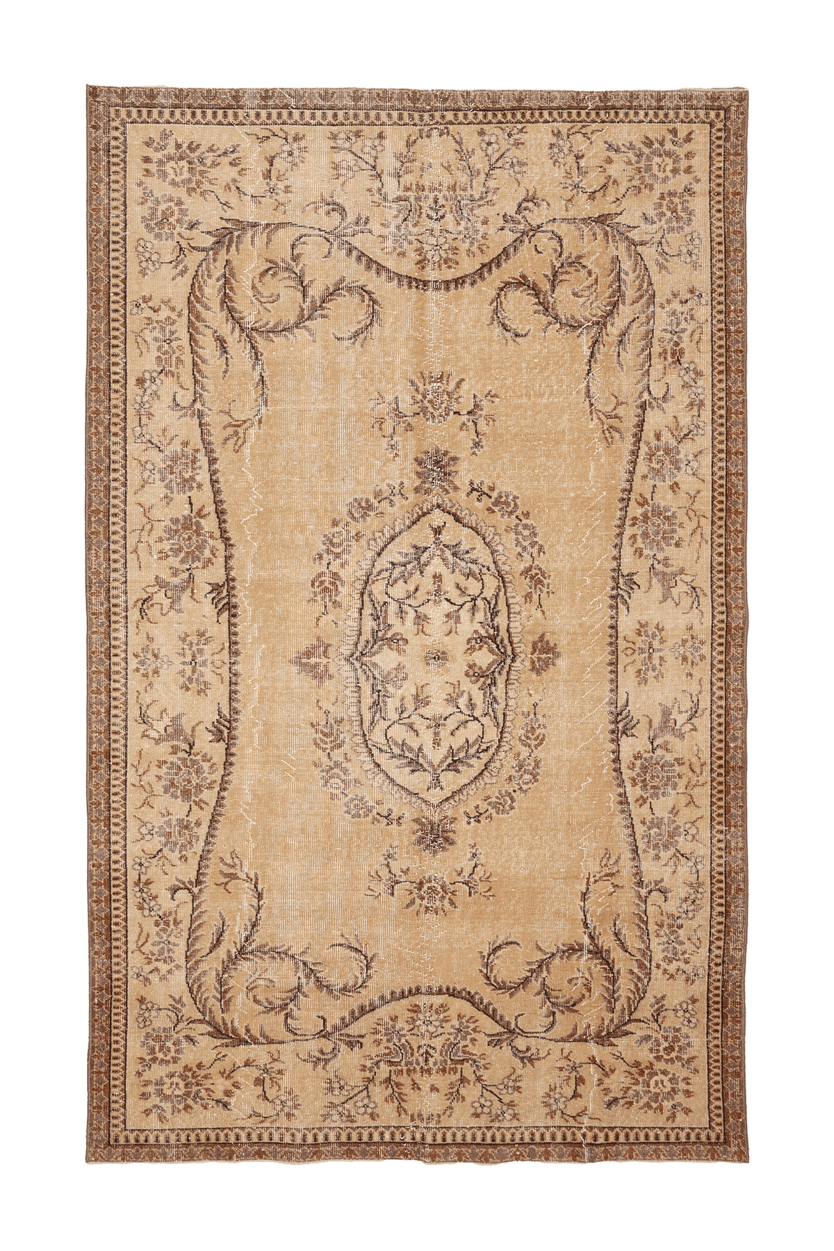 Vintage Isparta Turkish Area Rug 6x9 ft — Beige & Brown Floral