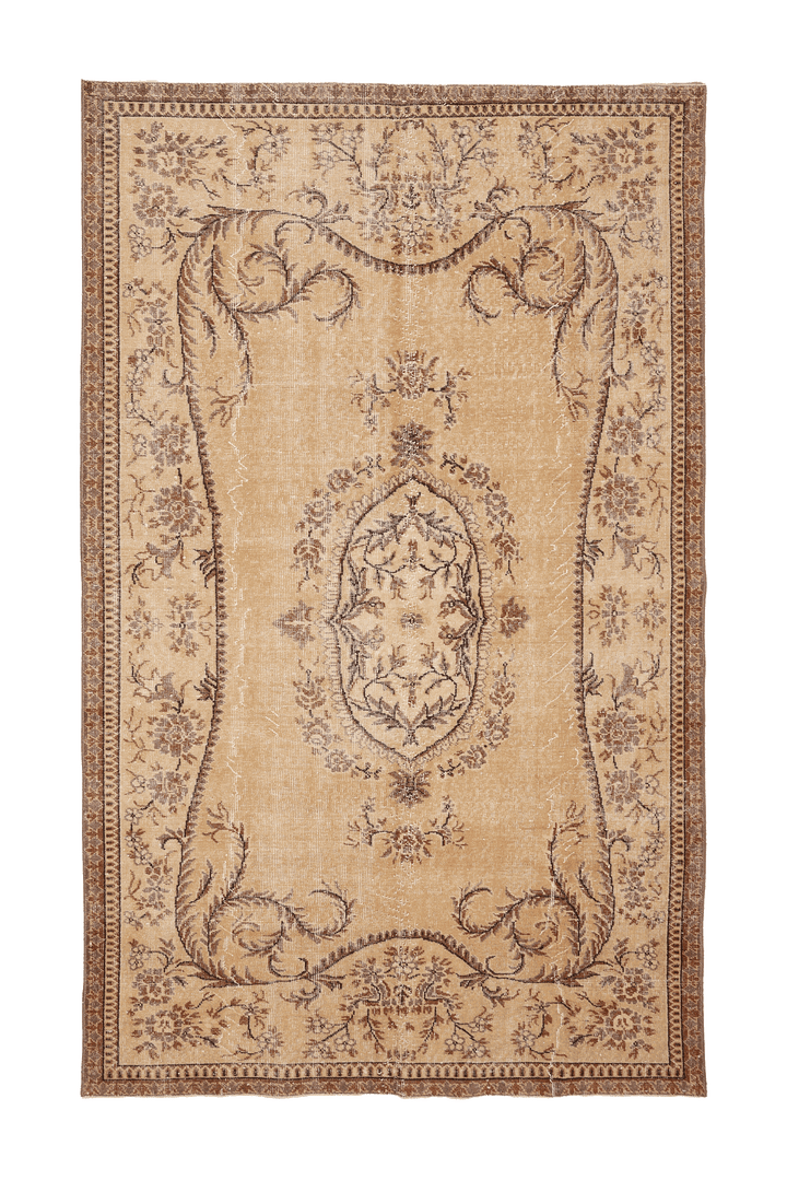 Vintage Isparta Turkish Area Rug 6x9 ft — Beige & Brown Floral