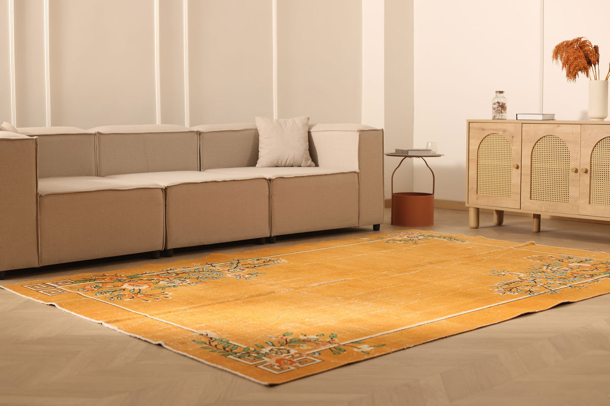 Vintage Isparta Turkish Area Rug 7x10 ft — Orange & Beige Floral