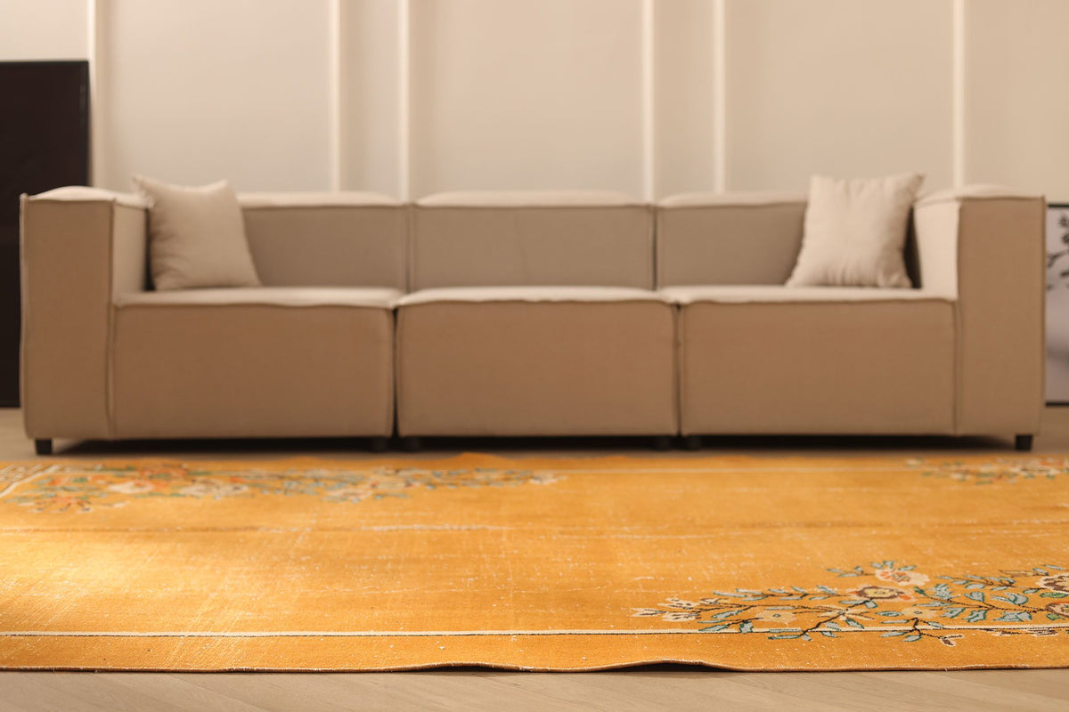 Vintage Isparta Turkish Area Rug 7x10 ft — Orange & Beige Floral