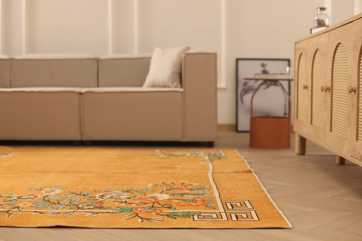 Vintage Isparta Turkish Area Rug 7x10 ft — Orange & Beige Floral