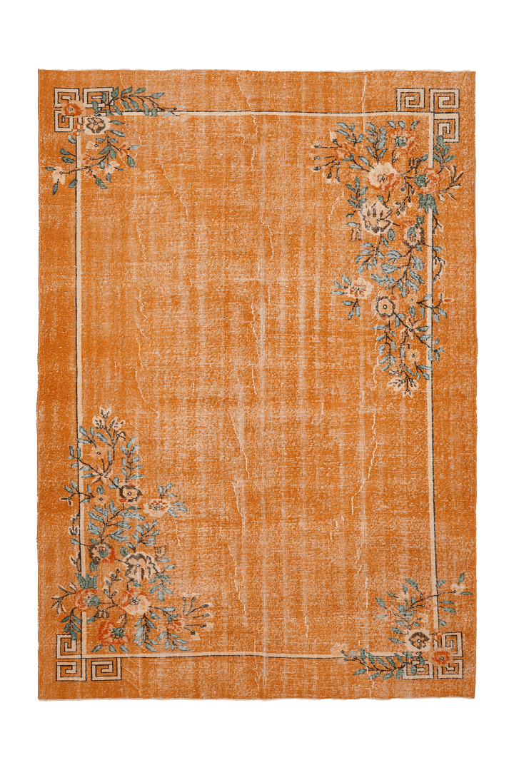 Vintage Isparta Turkish Area Rug 7x10 ft — Orange & Beige Floral