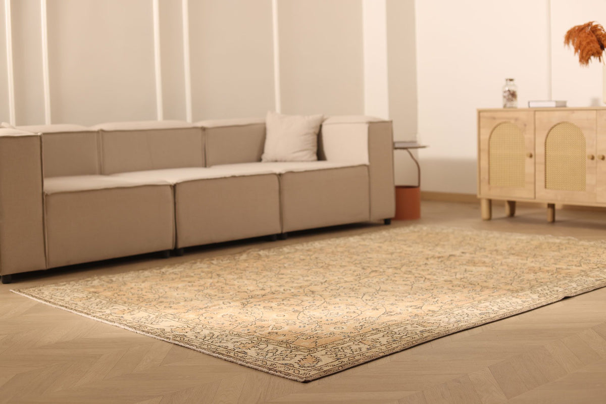 Vintage Isparta Turkish Area Rug 7x9 ft — Beige & Brown Floral