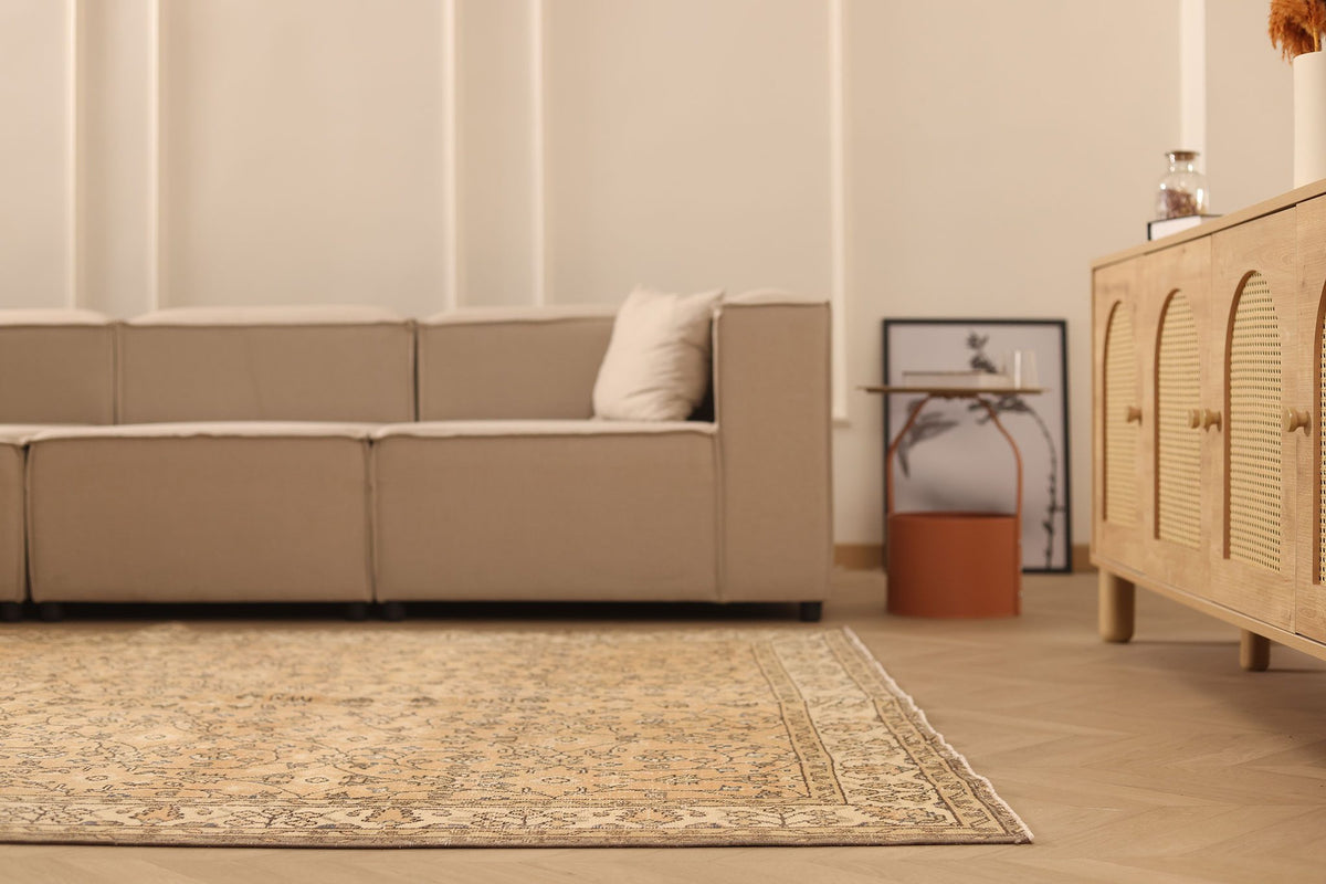 Vintage Isparta Turkish Area Rug 7x9 ft — Beige & Brown Floral