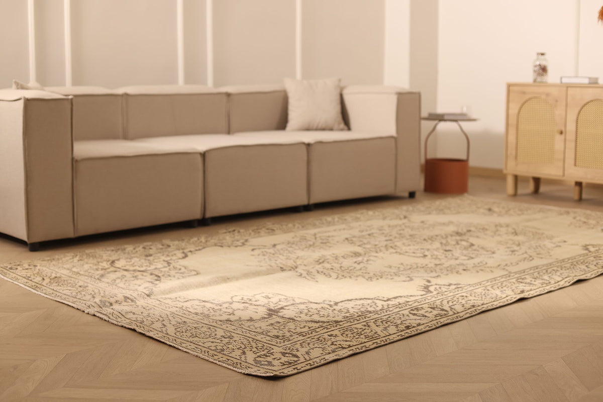 Vintage Manisa Turkish Area Rug 6x11 ft — Beige & Brown Floral