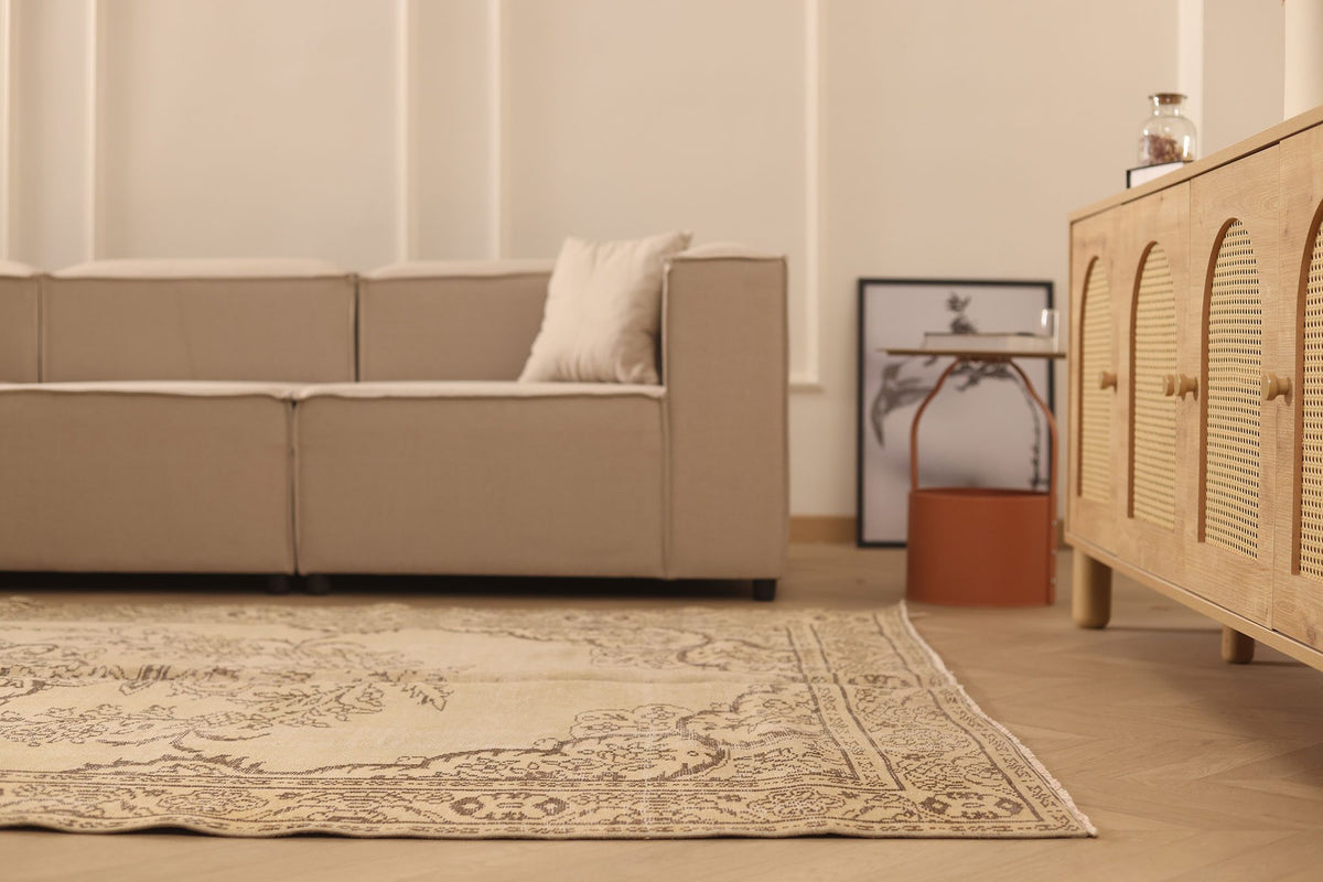 Vintage Manisa Turkish Area Rug 6x11 ft — Beige & Brown Floral