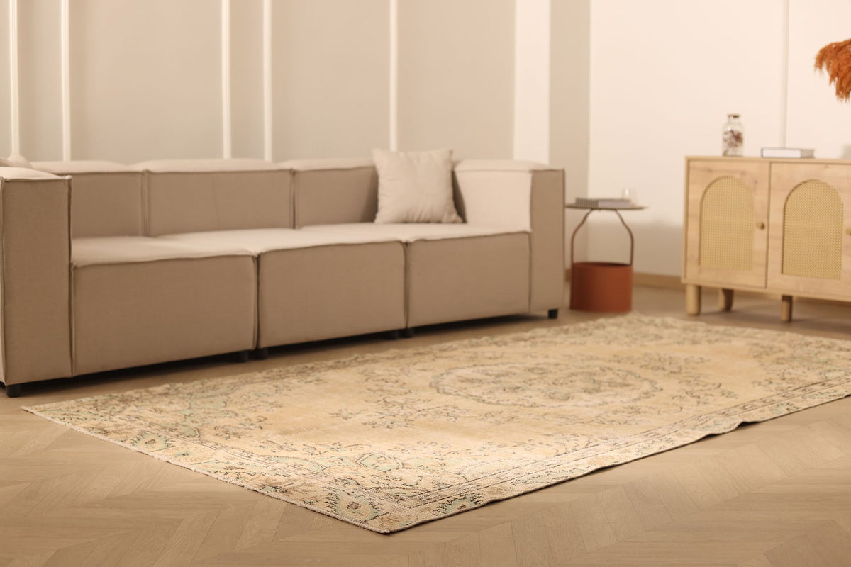 Vintage Manisa Turkish Area Rug 5x10 ft — Beige & Brown Floral