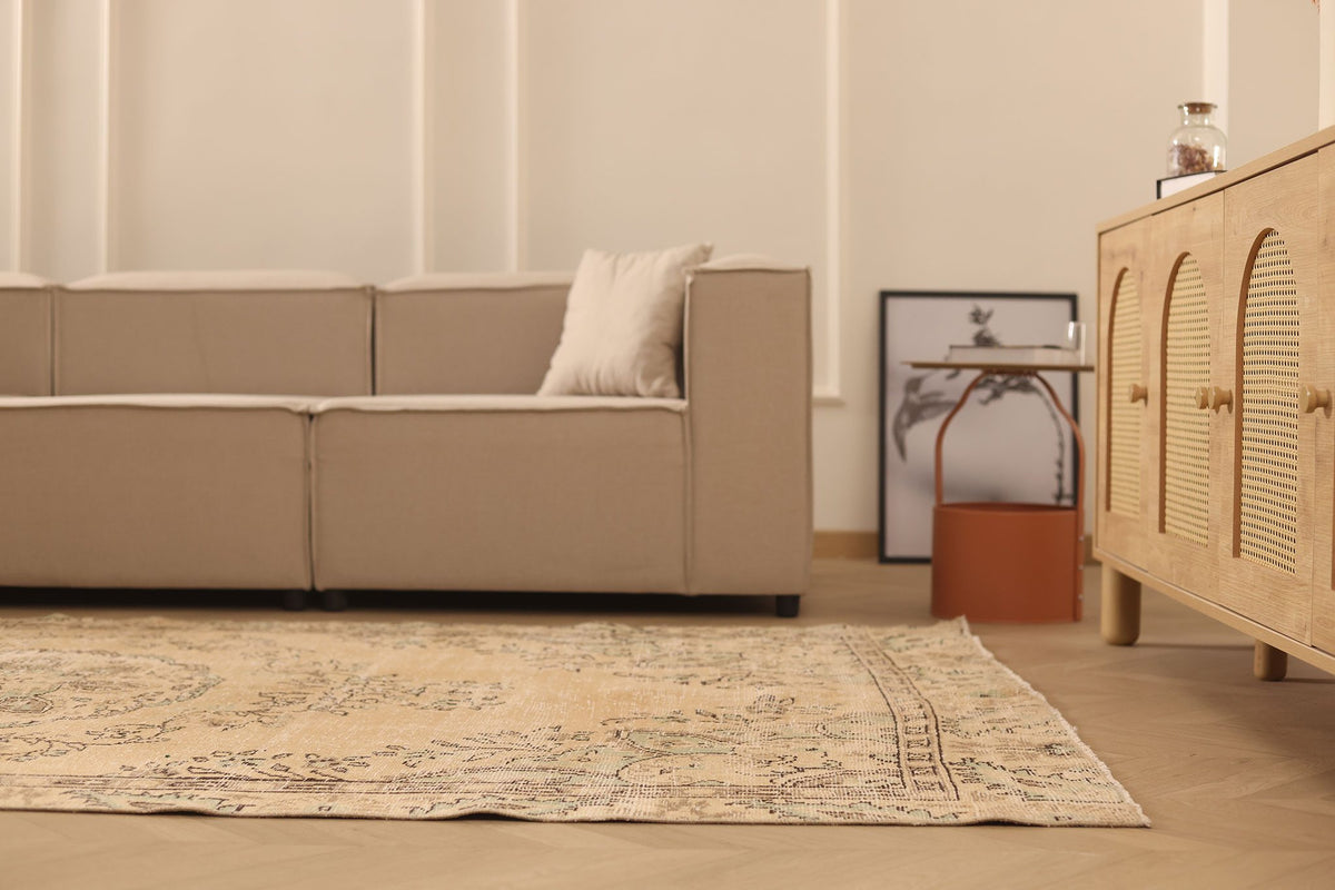 Vintage Manisa Turkish Area Rug 5x10 ft — Beige & Brown Floral