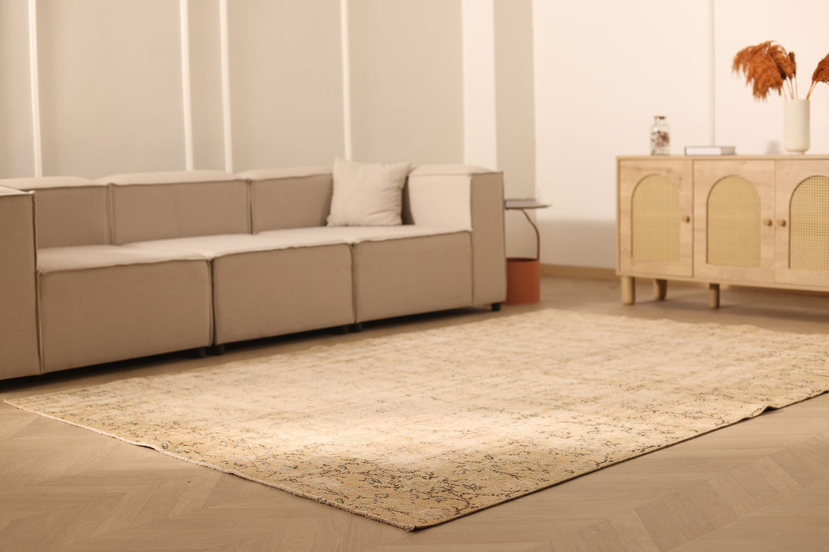 Vintage Isparta Turkish Area Rug 7x9 ft — Beige & Brown Floral