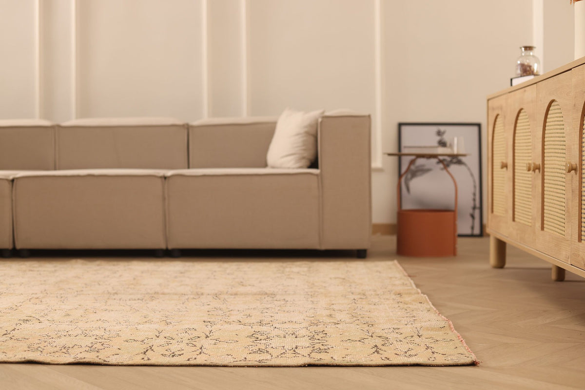 Vintage Isparta Turkish Area Rug 7x9 ft — Beige & Brown Floral