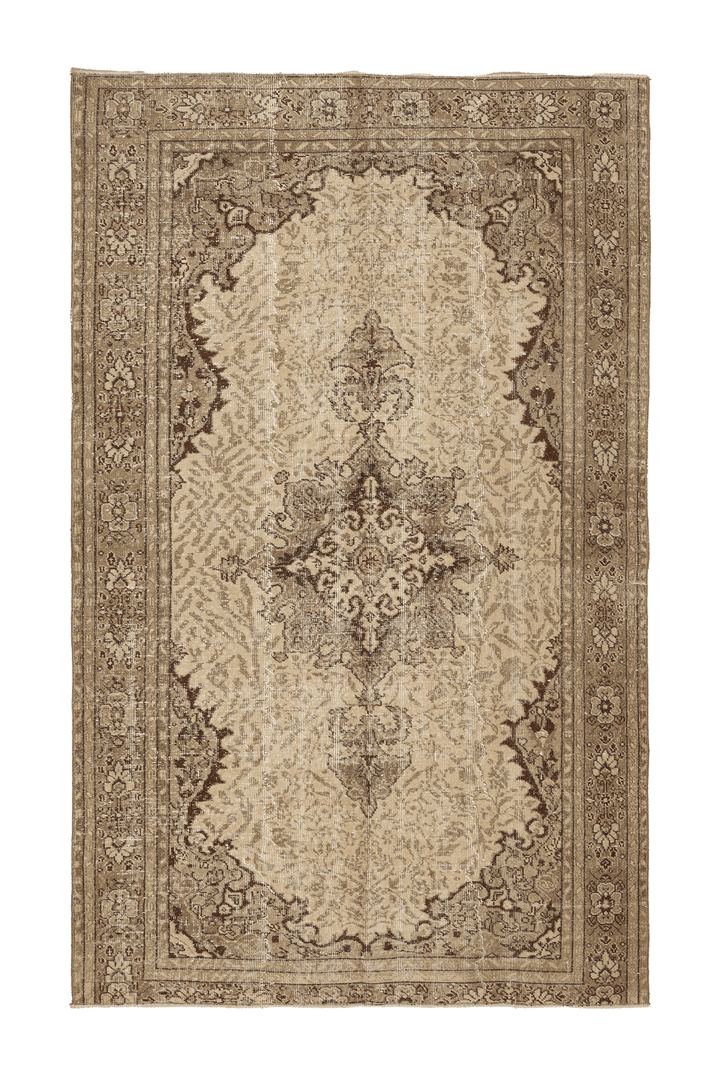 Vintage Isparta Turkish Area Rug 5x9 ft — Beige & Brown Floral