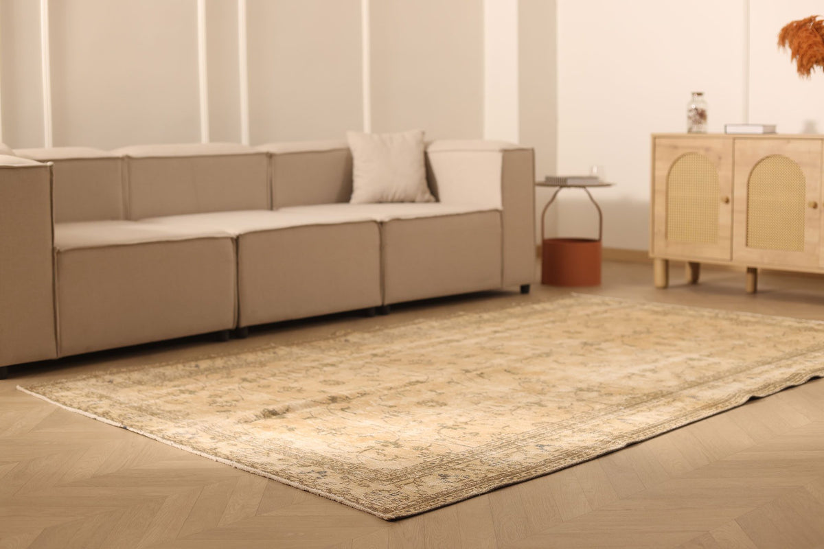 Vintage Manisa Turkish Area Rug 6x9 ft — Beige & Brown Floral