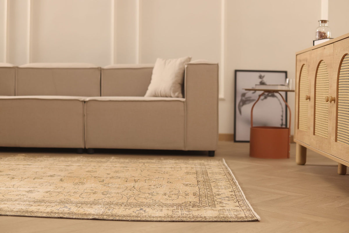 Vintage Manisa Turkish Area Rug 6x9 ft — Beige & Brown Floral