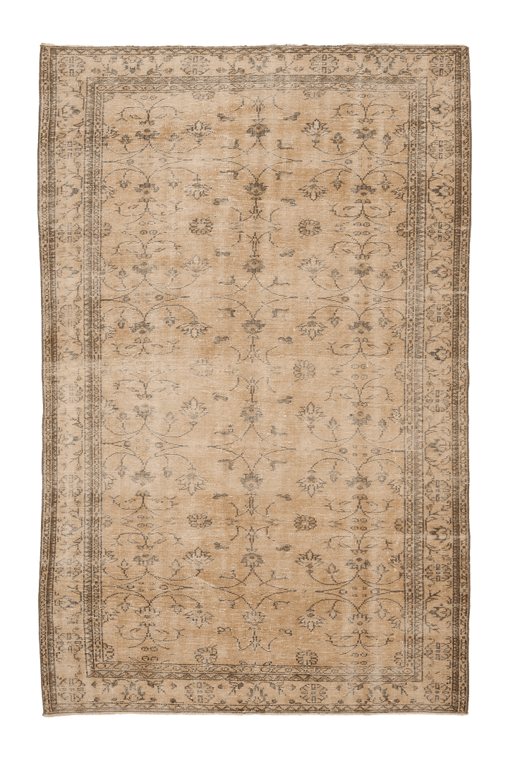 Vintage Manisa Turkish Area Rug 6x9 ft — Beige & Brown Floral