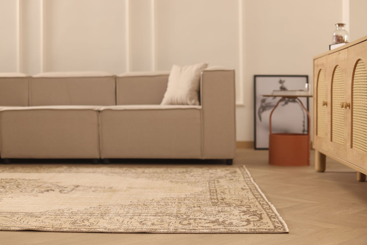 Vintage Manisa Turkish Area Rug 6x9 ft — Beige & Brown Floral