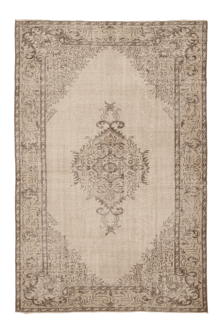 Vintage Manisa Turkish Area Rug 6x9 ft — Beige & Brown Floral
