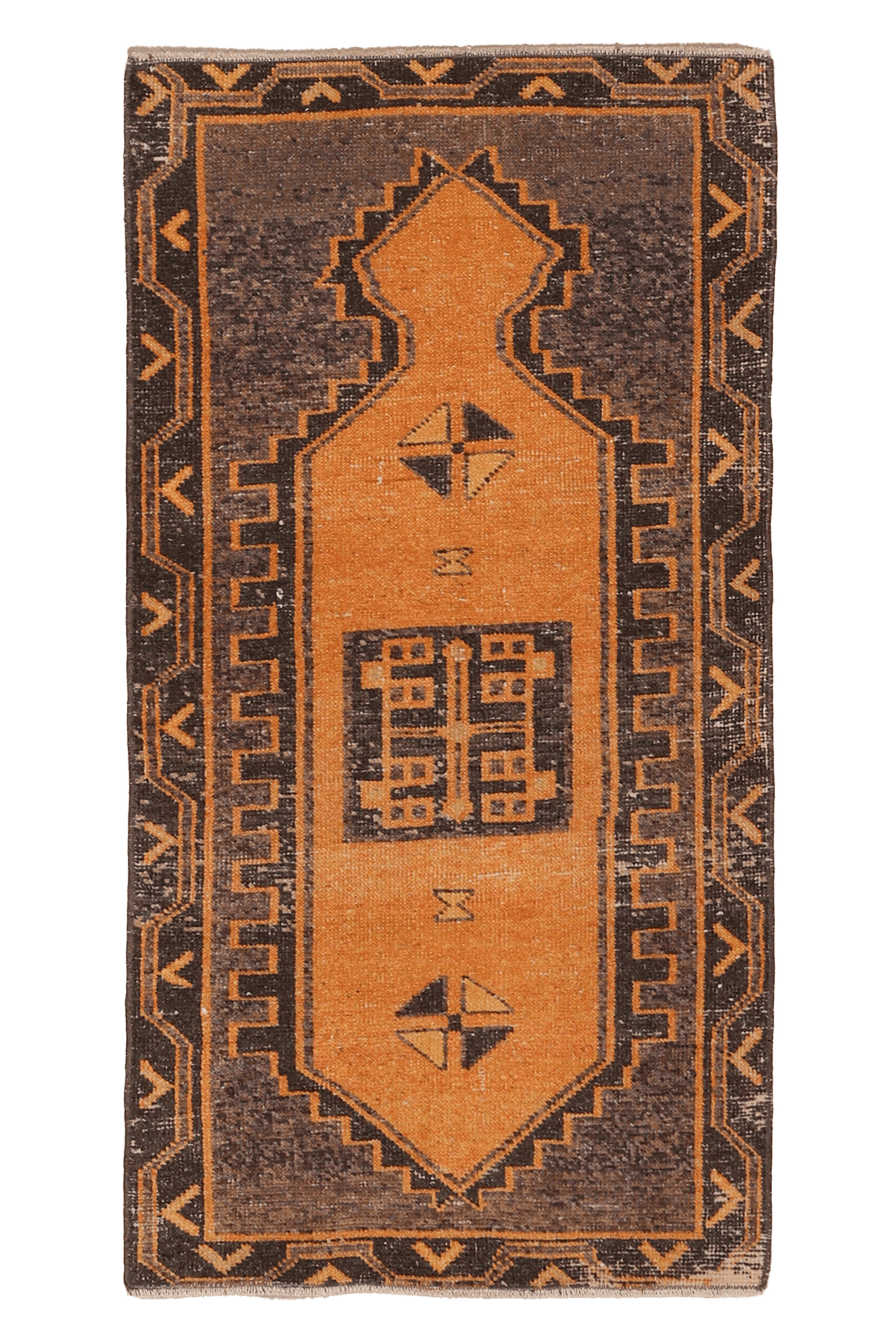 Vintage Malatya Turkish Doormat 2x4 ft — Orange & Brown Geometric (No. 34079)