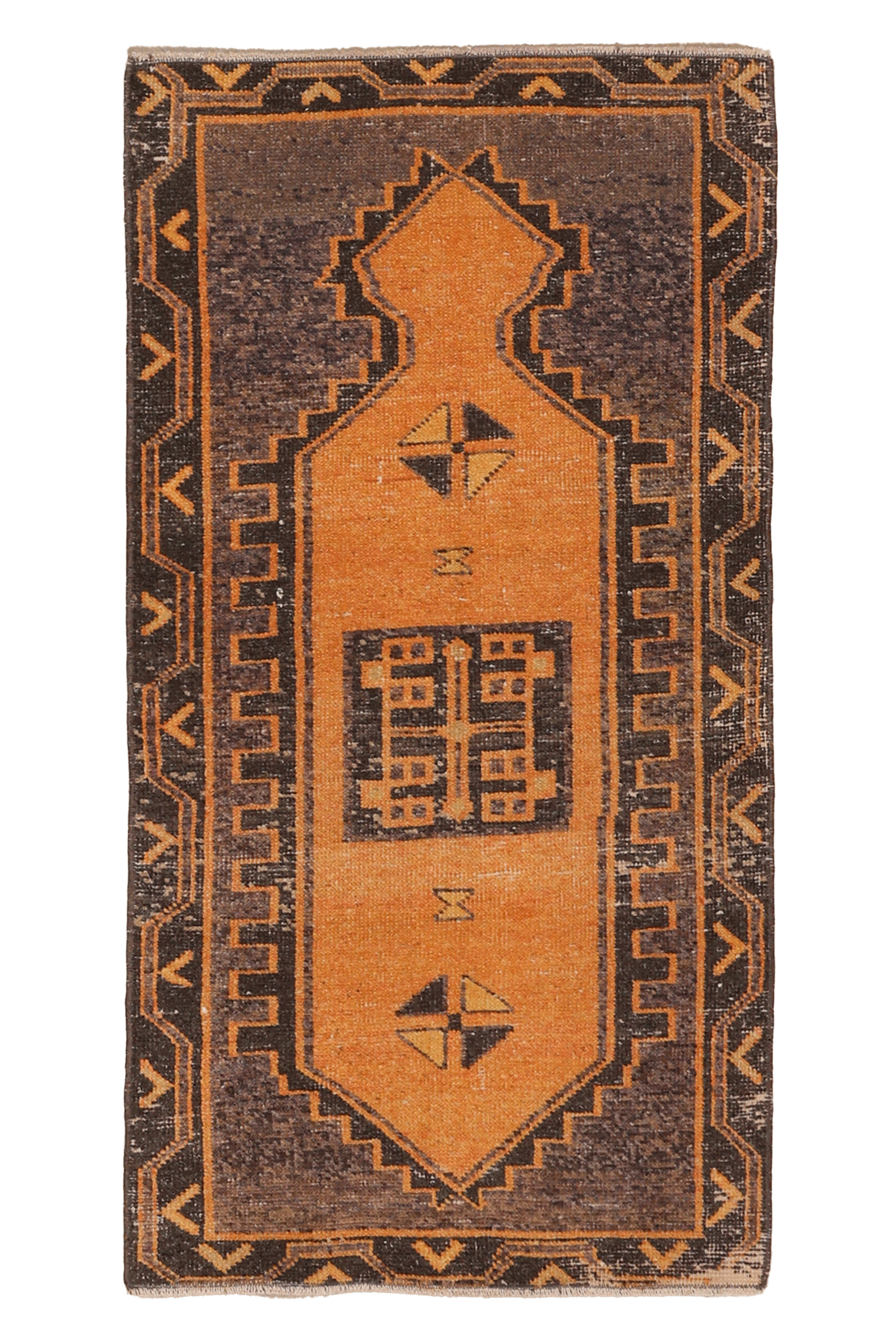 Vintage Malatya Turkish Doormat 2x4 ft — Orange & Brown Geometric (No. 34079)