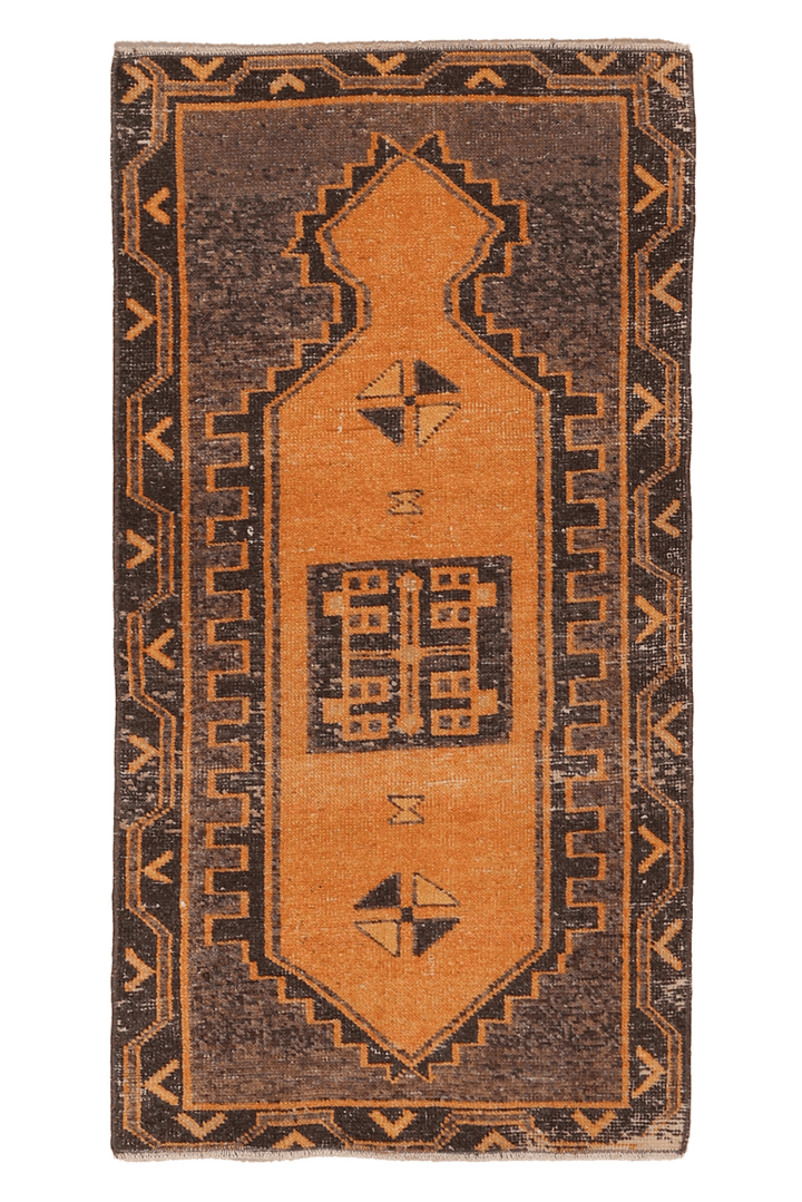 Vintage Malatya Turkish Doormat 2x4 ft — Orange & Brown Geometric (No. 34079)
