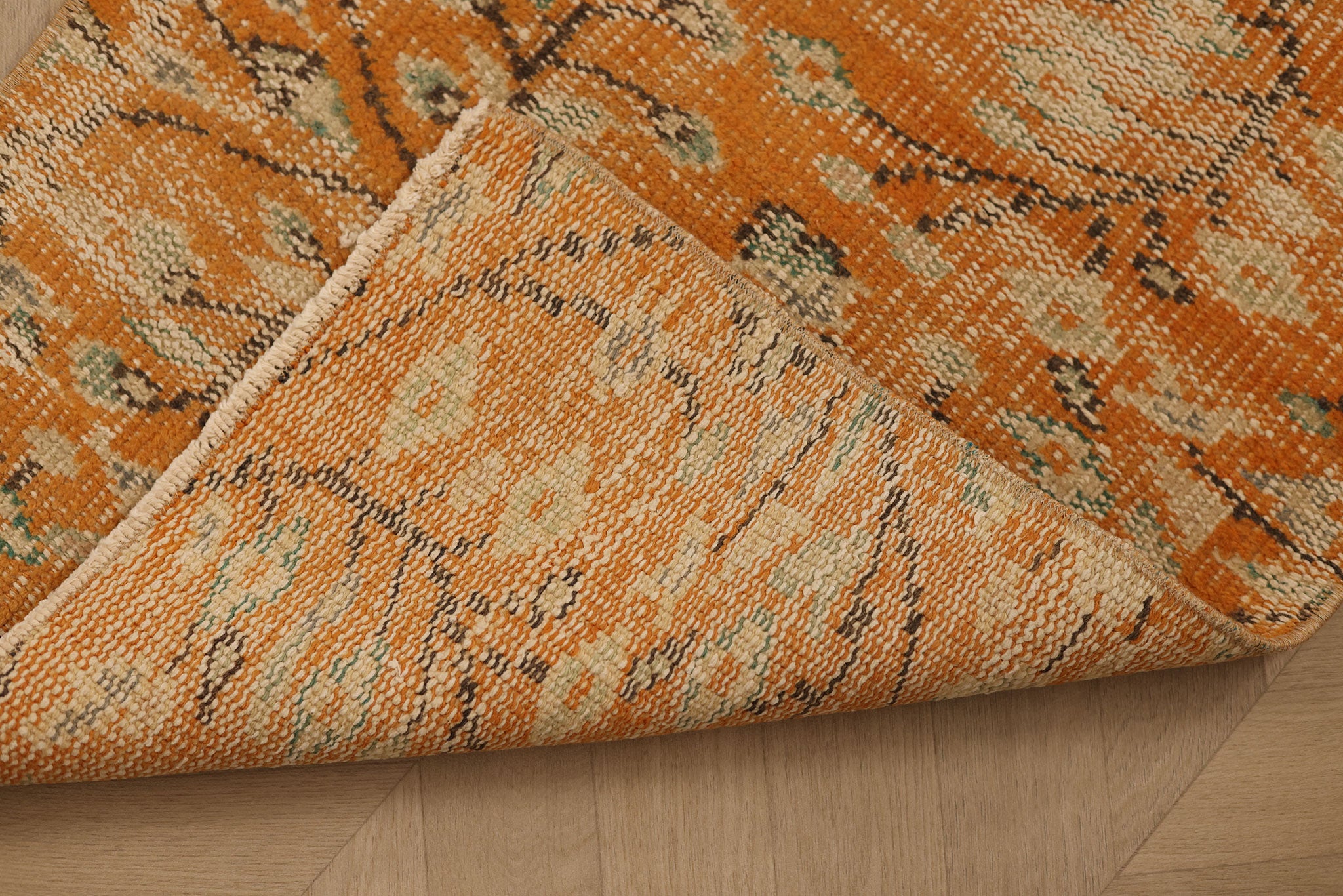 Vintage Manisa Turkish Runner Rug 1x6 ft — Orange & Beige Distressed