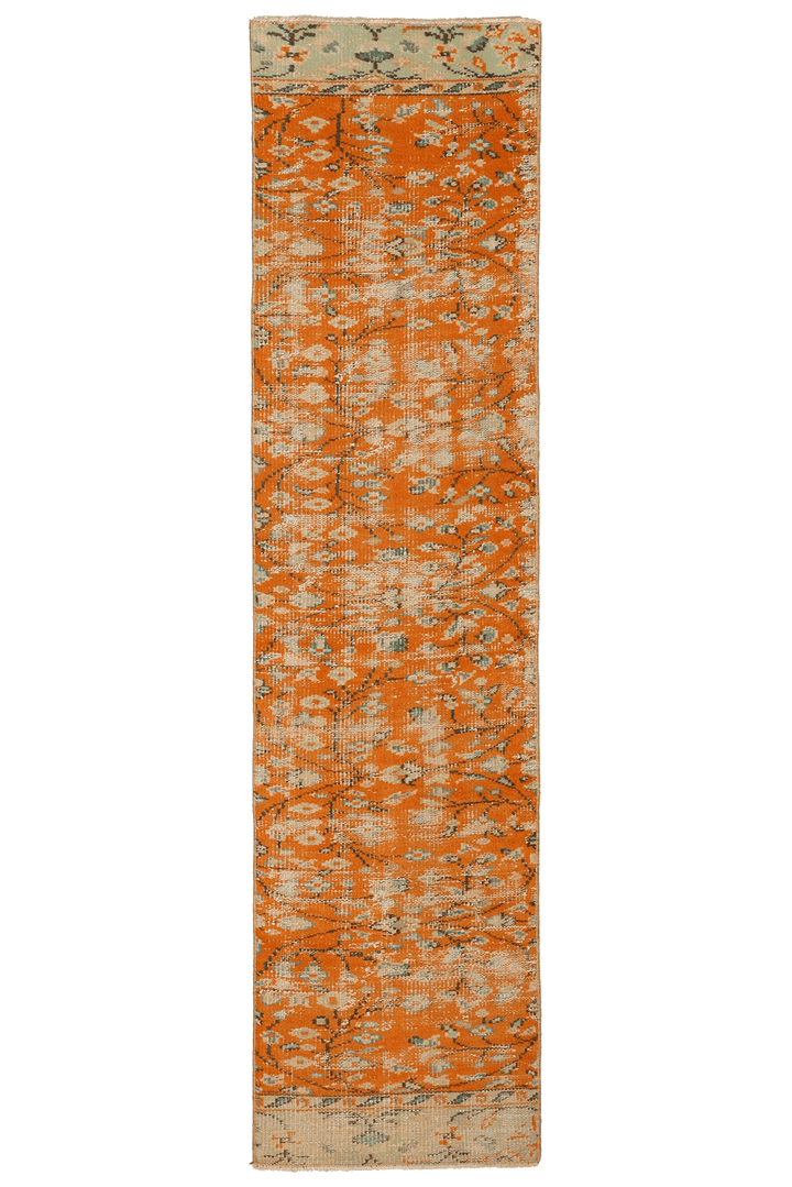 Vintage Manisa Turkish Runner Rug 1x7 ft — Orange & Beige Distressed