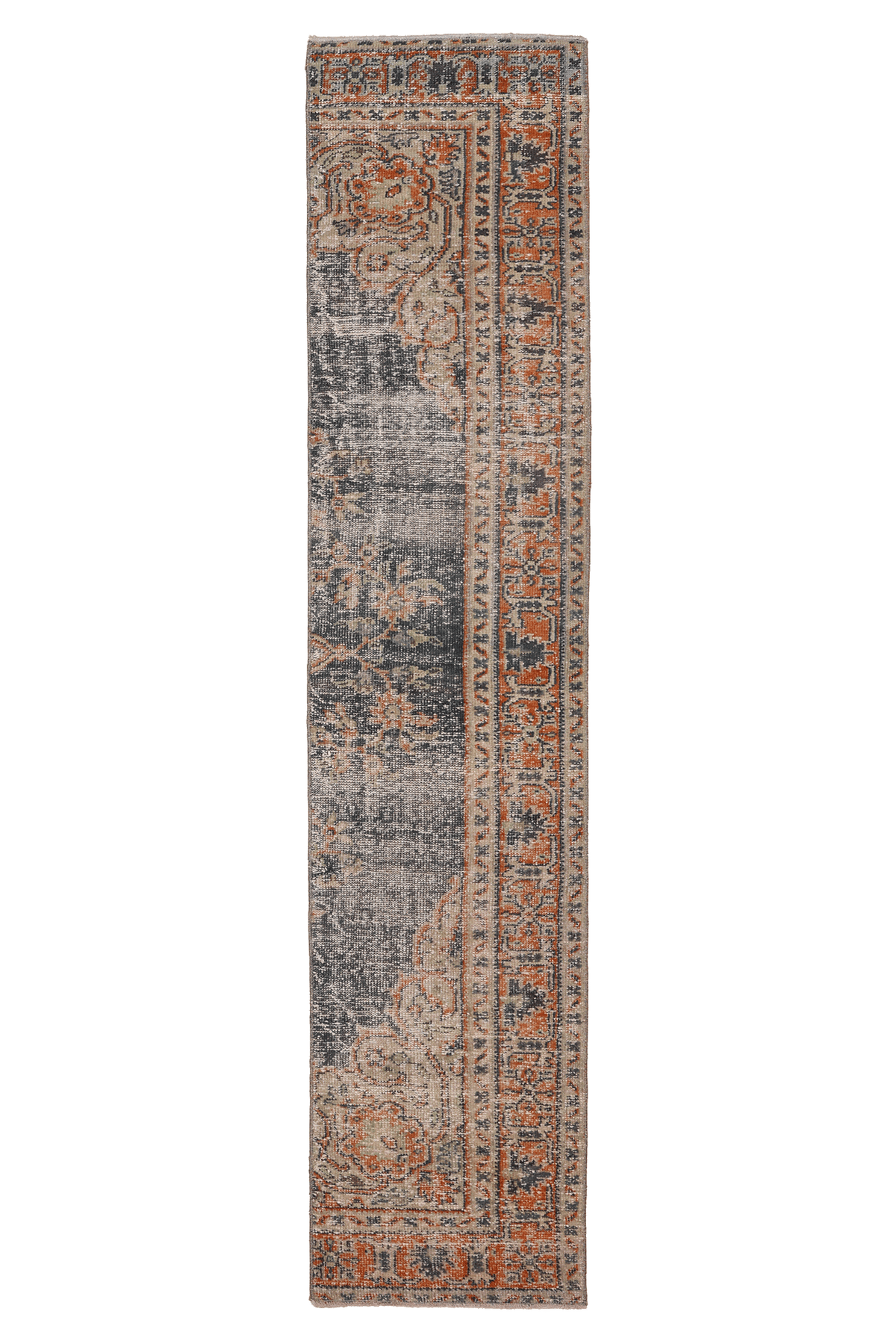 Vintage Manisa Turkish Runner Rug 1x9 ft — Gray & Orange Distressed