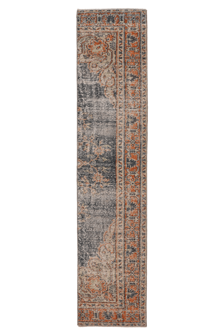 Vintage Manisa Turkish Runner Rug 1x9 ft — Gray & Orange Distressed