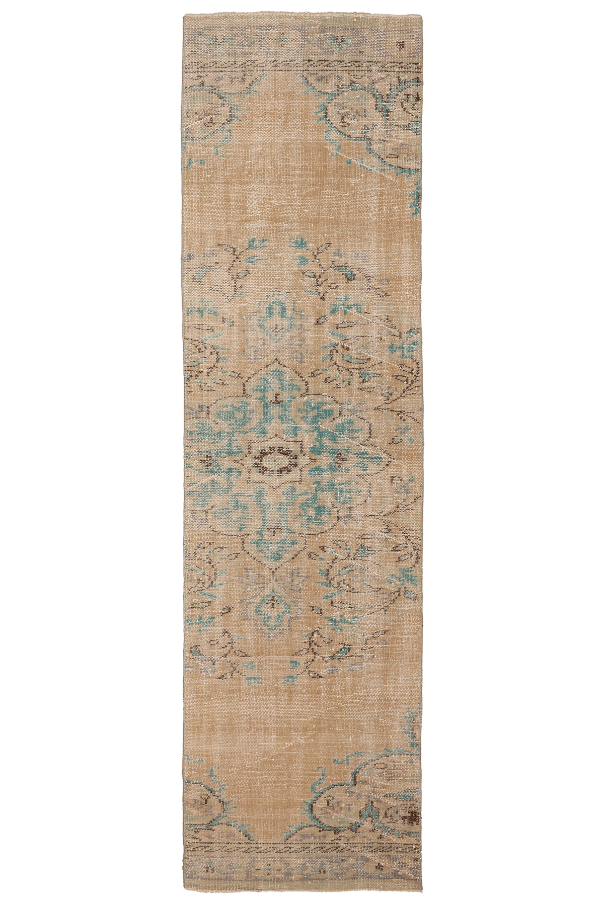Vintage Manisa Turkish Runner Rug 2x8 ft — Beige & Blue Distressed
