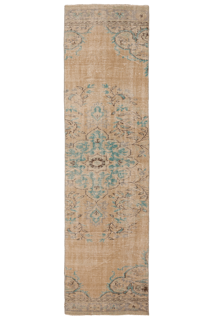 Vintage Manisa Turkish Runner Rug 2x8 ft — Beige & Blue Distressed