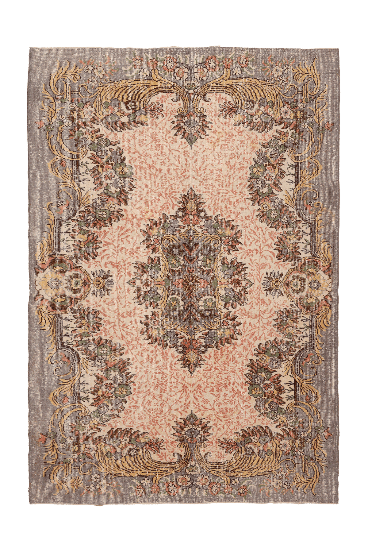 Vintage Isparta Turkish Area Rug 6x9 ft — Beige & Gray Floral
