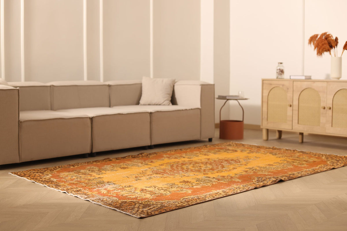 Vintage Isparta Turkish Area Rug 6x9 ft — Orange & Brown Floral