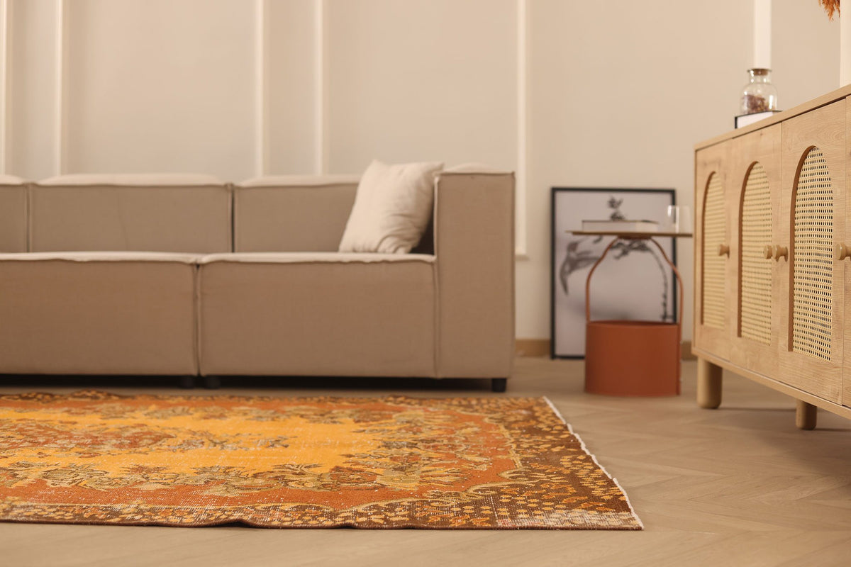 Vintage Isparta Turkish Area Rug 6x9 ft — Orange & Brown Floral