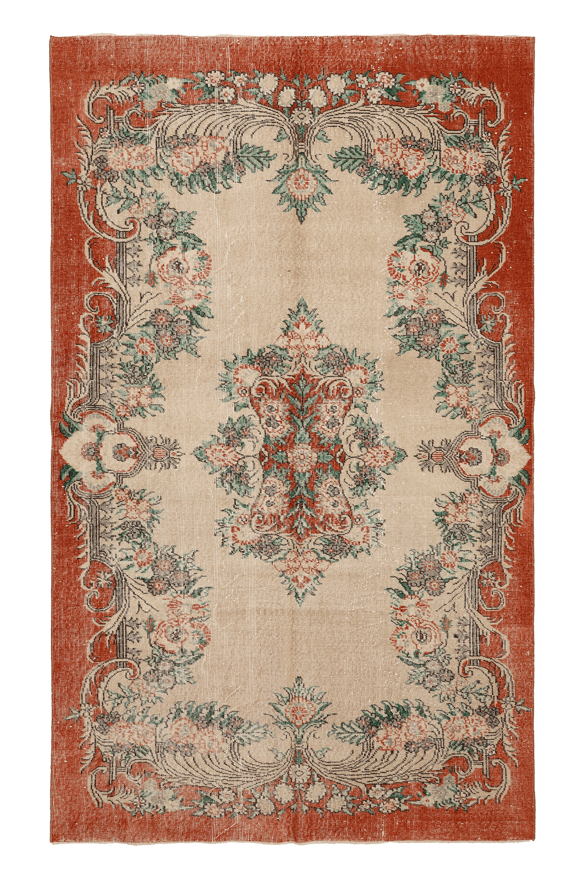 Vintage Isparta Turkish Area Rug 6x9 ft — Beige & Red Floral