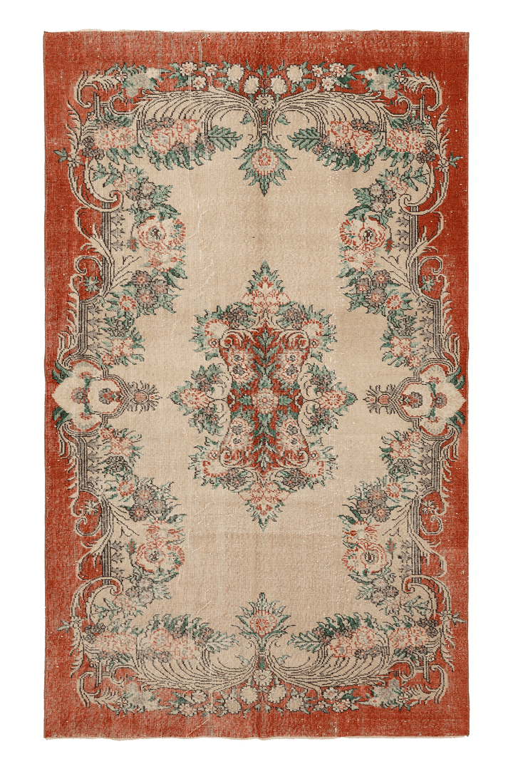 Vintage Isparta Turkish Area Rug 6x9 ft — Beige & Red Floral