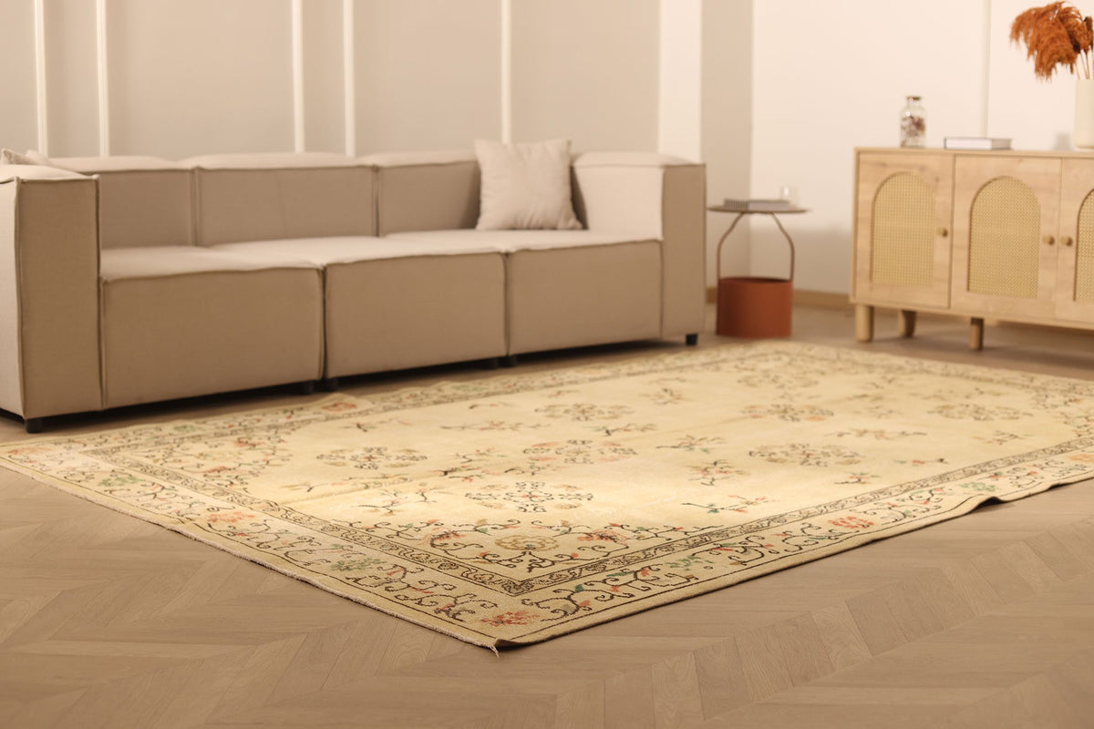 Vintage Isparta Turkish Area Rug 7x11 ft — Beige & Brown Floral