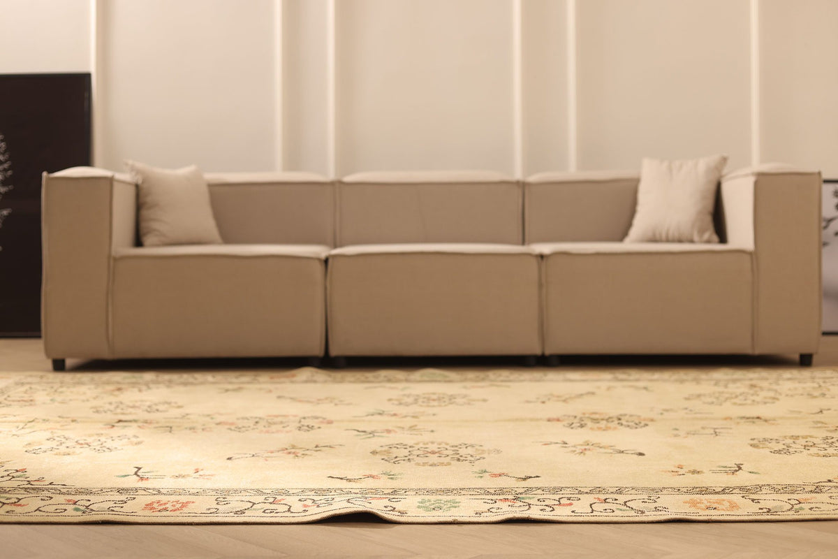 Vintage Isparta Turkish Area Rug 7x11 ft — Beige & Brown Floral