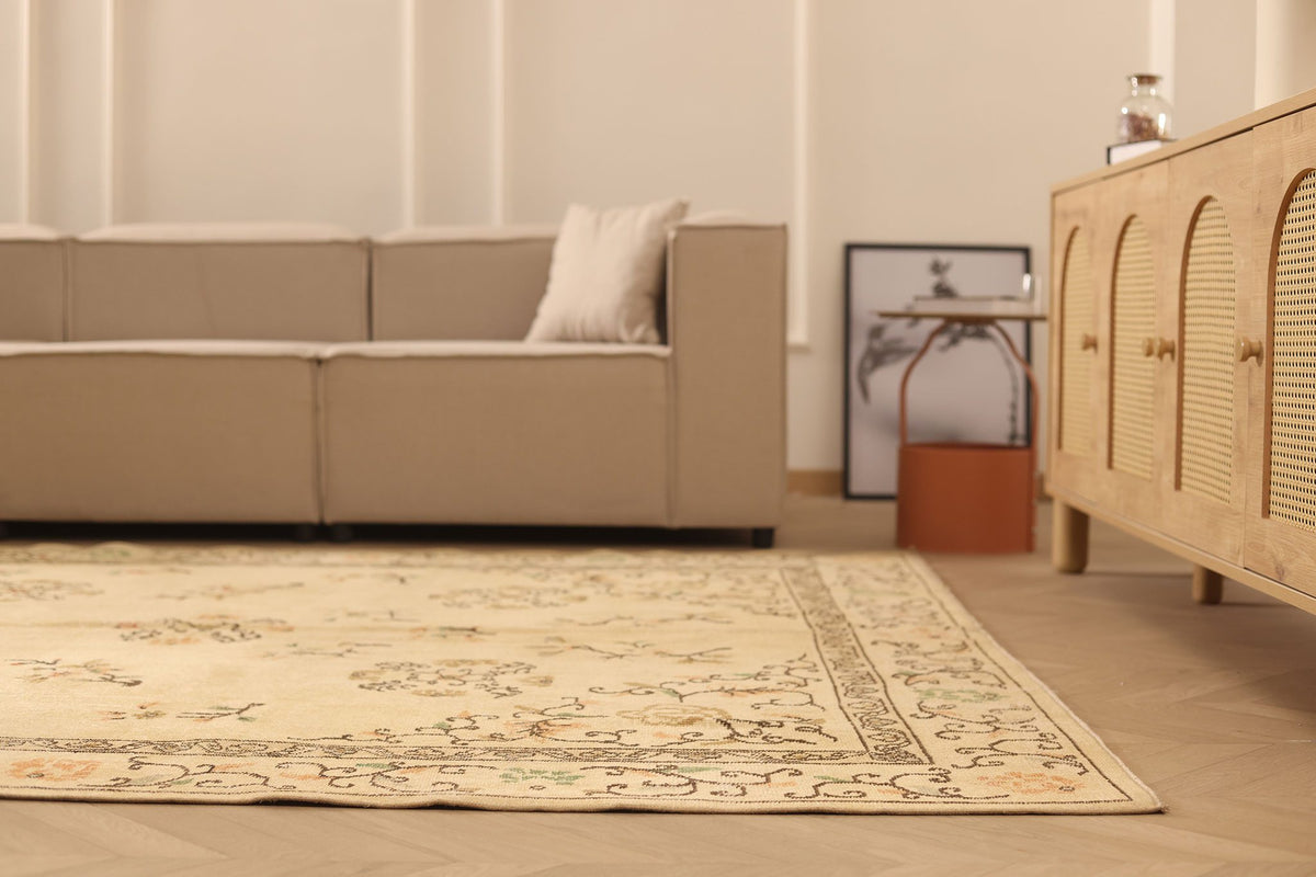 Vintage Isparta Turkish Area Rug 7x11 ft — Beige & Brown Floral