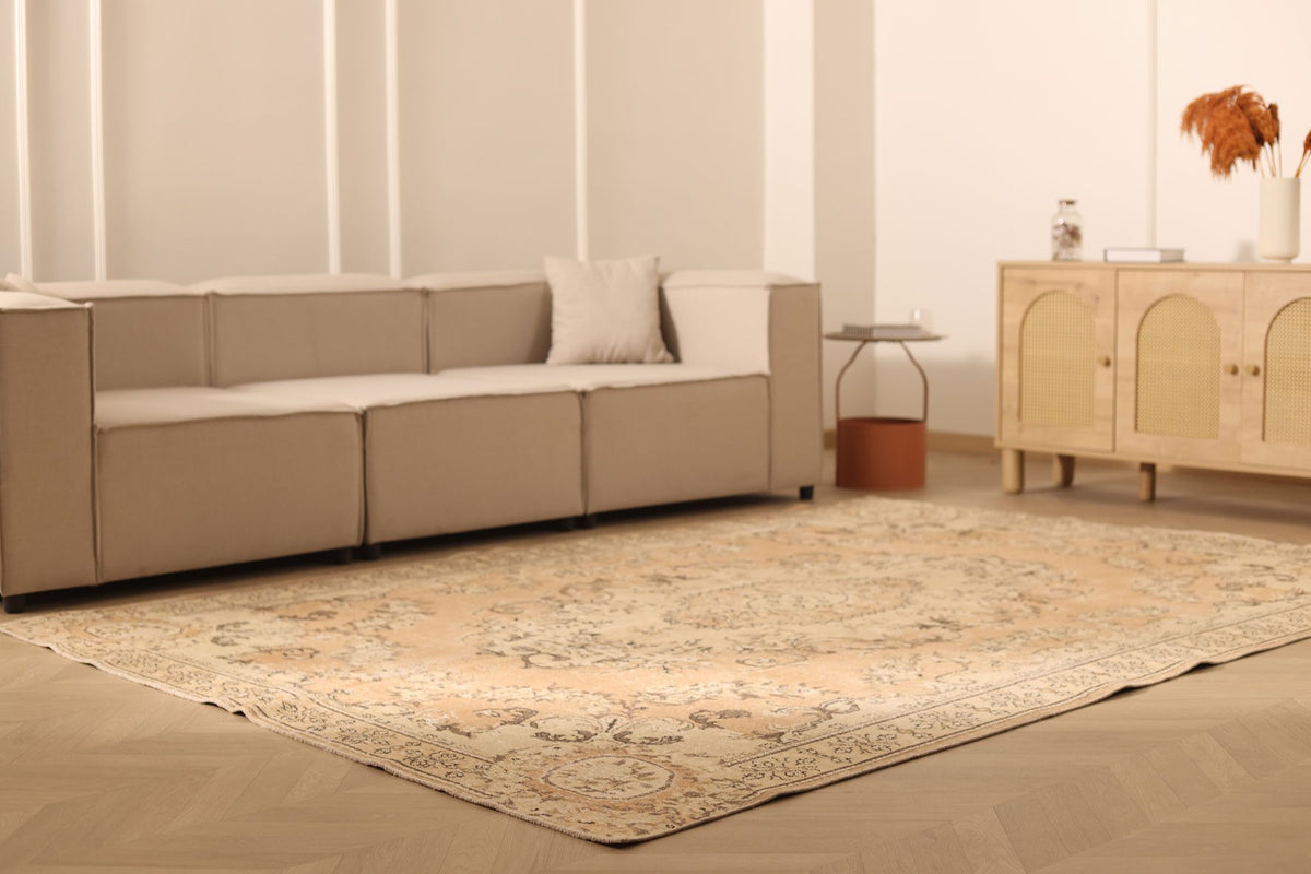 Vintage Isparta Turkish Area Rug 7x10 ft — Beige & Brown Floral