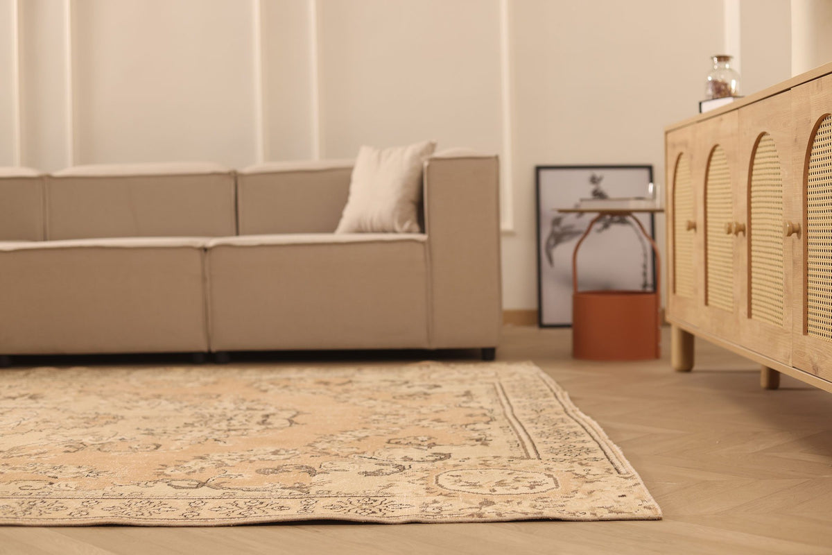 Vintage Isparta Turkish Area Rug 7x10 ft — Beige & Brown Floral