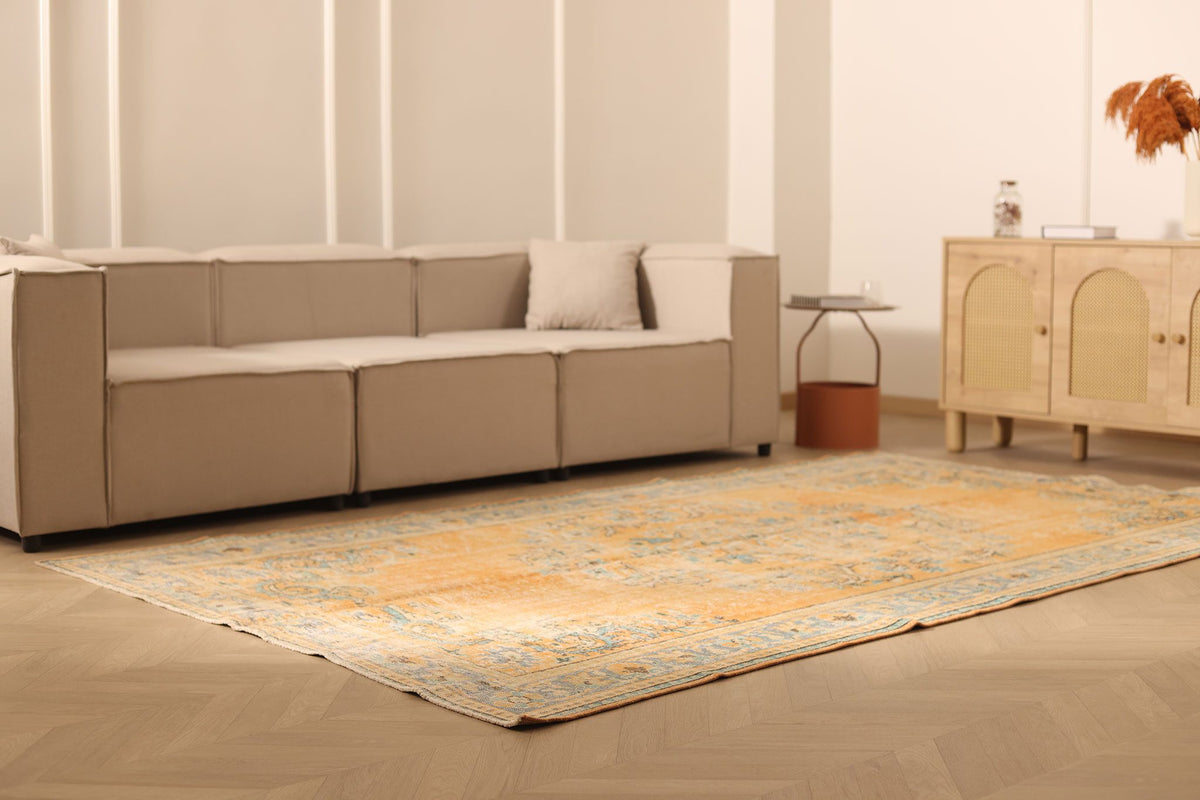 Vintage Manisa Turkish Area Rug 6x10 ft — Orange & Blue Floral