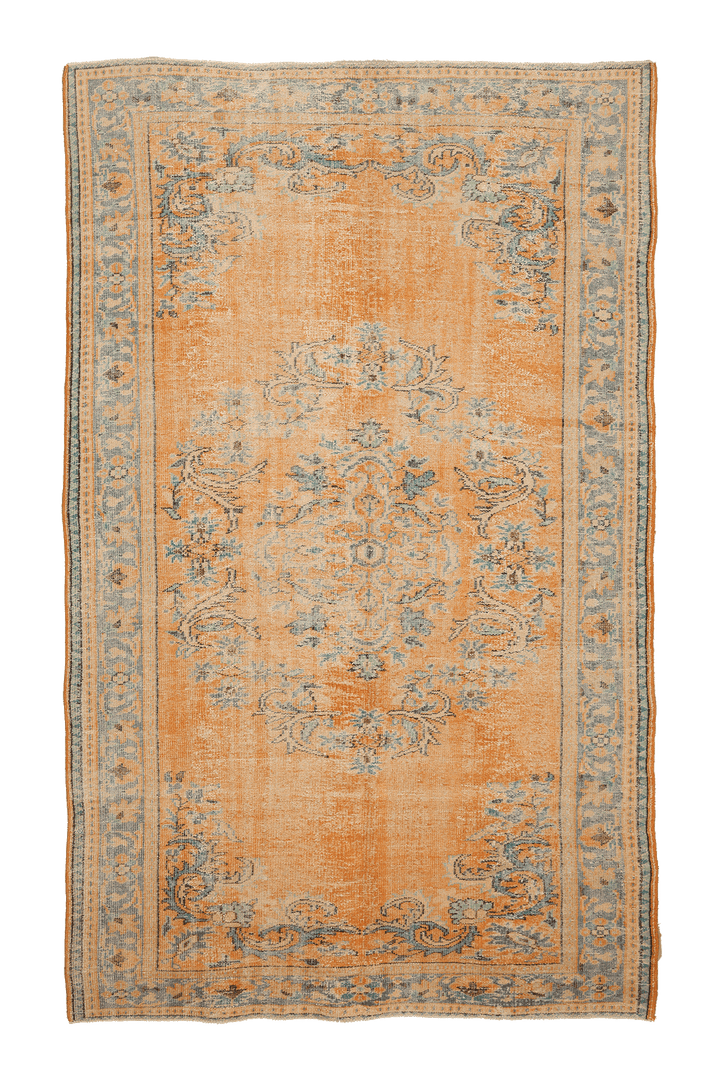 Vintage Manisa Turkish Area Rug 6x10 ft — Orange & Blue Floral