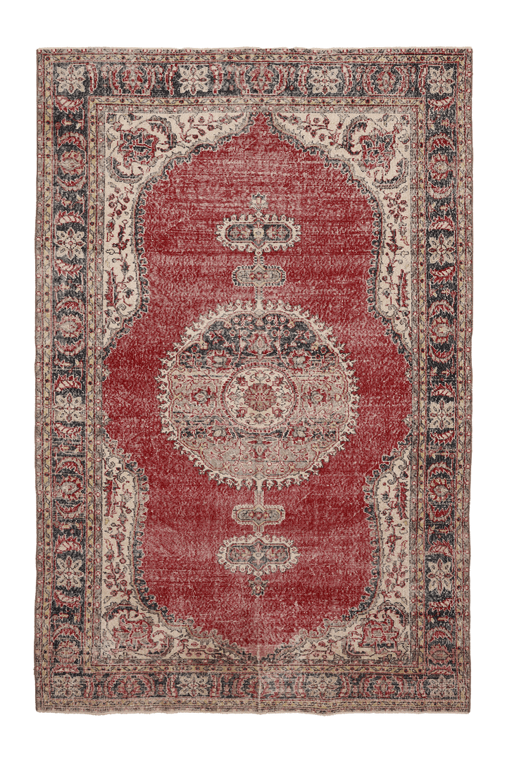 Vintage Isparta Turkish Area Rug 7x11 ft — Red & Beige Floral
