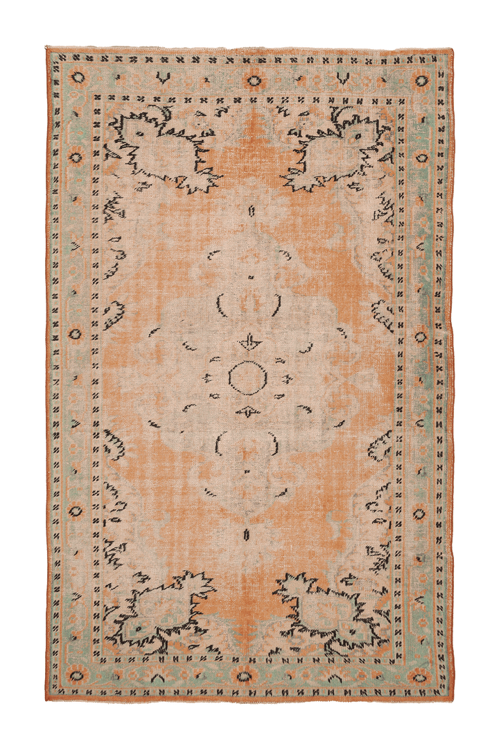 Vintage Manisa Turkish Area Rug 6x10 ft — Orange & Green Floral