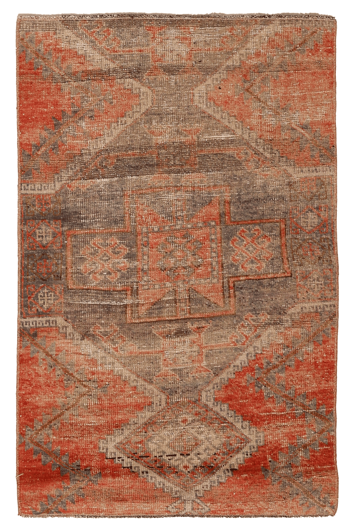 Vintage Malatya Turkish Doormat 2x4 ft — Red & Gray Geometric
