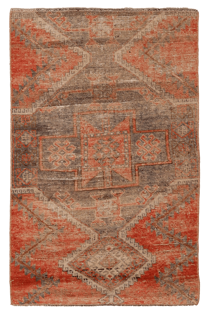 Vintage Malatya Turkish Doormat 2x4 ft — Red & Gray Geometric