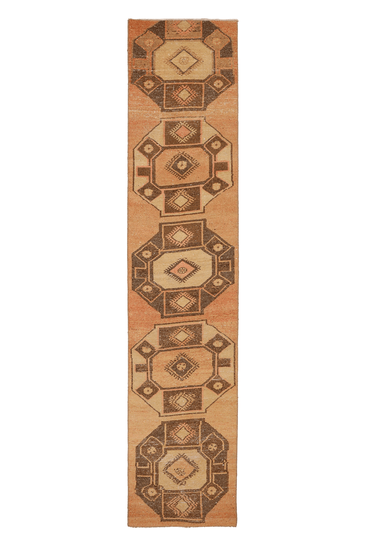 Vintage Malatya Turkish Runner Rug 2x10 ft — Brown & Orange Geometric